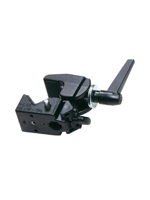 Superpinza en Bulk Manfrotto sujetando un tubo de soporte. Diseño resistente con acoplamiento hexagonal de 5/8”, ideal para fotografía y vídeo profesional.