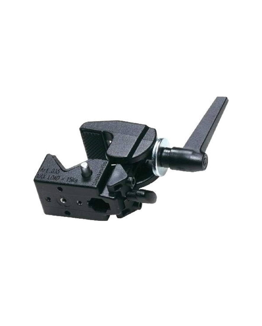 Superpinza en Bulk Manfrotto sujetando un tubo de soporte. Diseño resistente con acoplamiento hexagonal de 5/8”, ideal para fotografía y vídeo profesional.