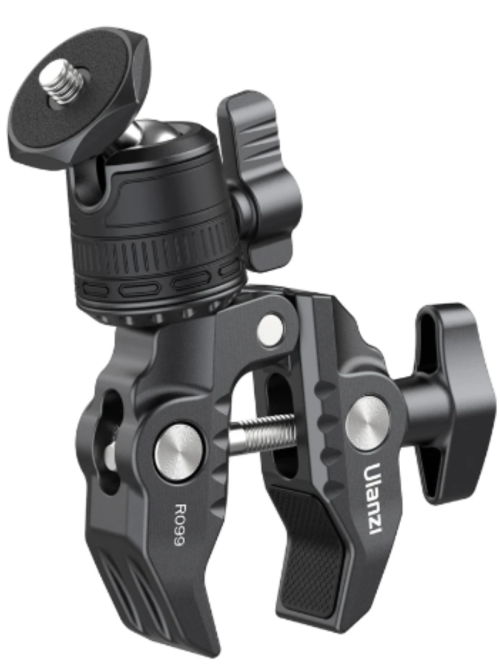 Mini Pinza con Rótula con cabeza esférica de 360° y tornillo de 1/4”, ideal para montaje seguro de monitores, luces de vídeo, cámaras y micrófonos.