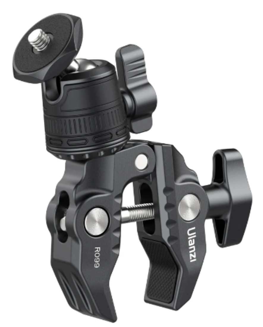 Mini Pinza con Rótula con cabeza esférica de 360° y tornillo de 1/4”, ideal para montaje seguro de monitores, luces de vídeo, cámaras y micrófonos.