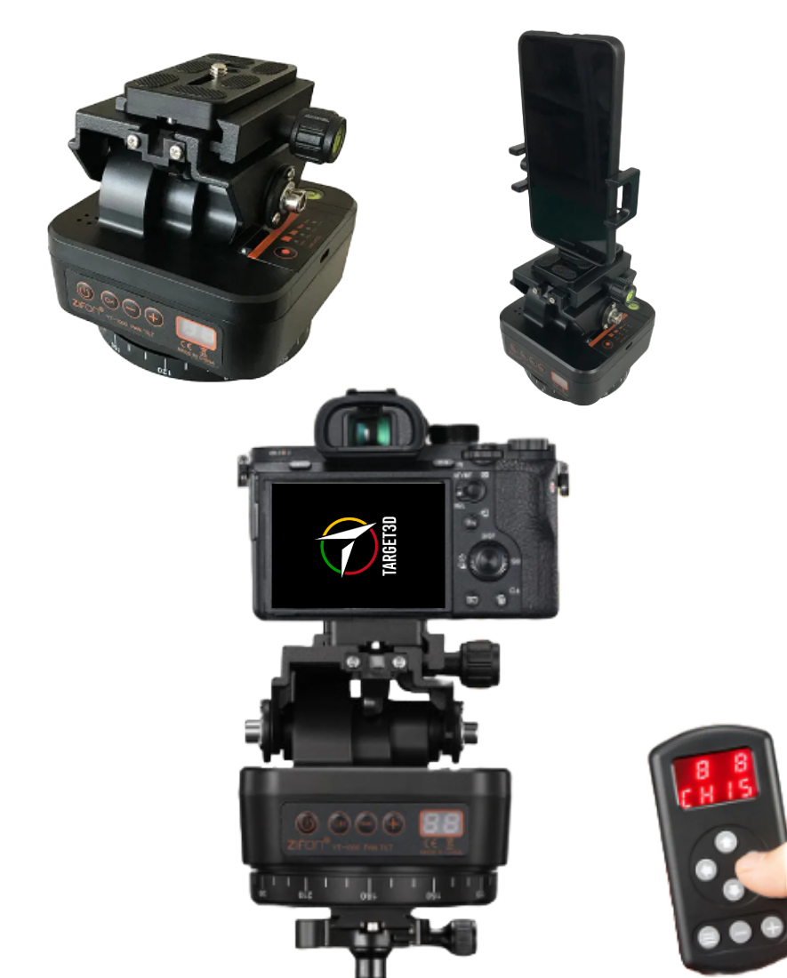 Rótula motorizada MP-360 para cámaras PrimeX22 y PrimeX41, con rotación 360º, inclinación vertical de 30º y capacidad de carga de 2,72 kg.