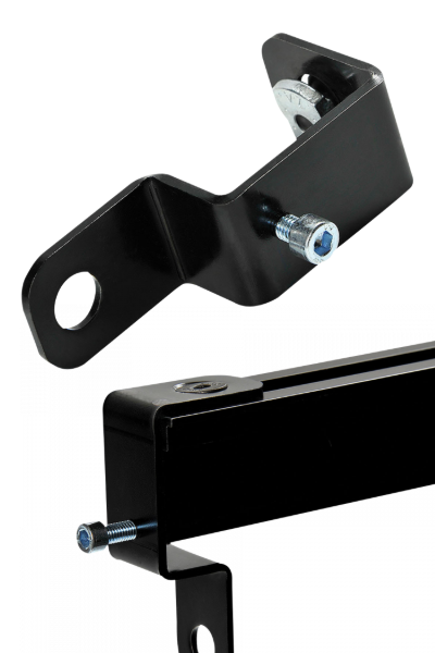 Tope Wentex Eurotrack End Stop de metal negro con recubrimiento en polvo para guías de carril, proporcionando una fijación segura y estable en sistemas de suspensión.